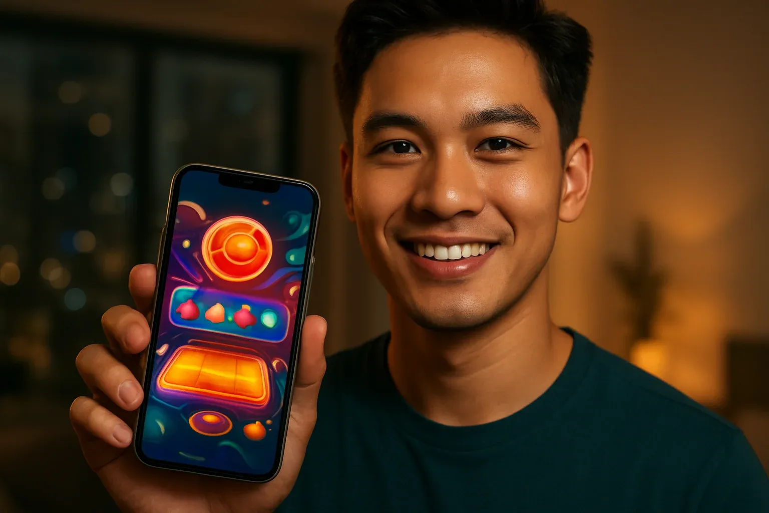 Nam thanh niên Việt Nam cầm điện thoại hiển thị ứng dụng casino rực rỡ