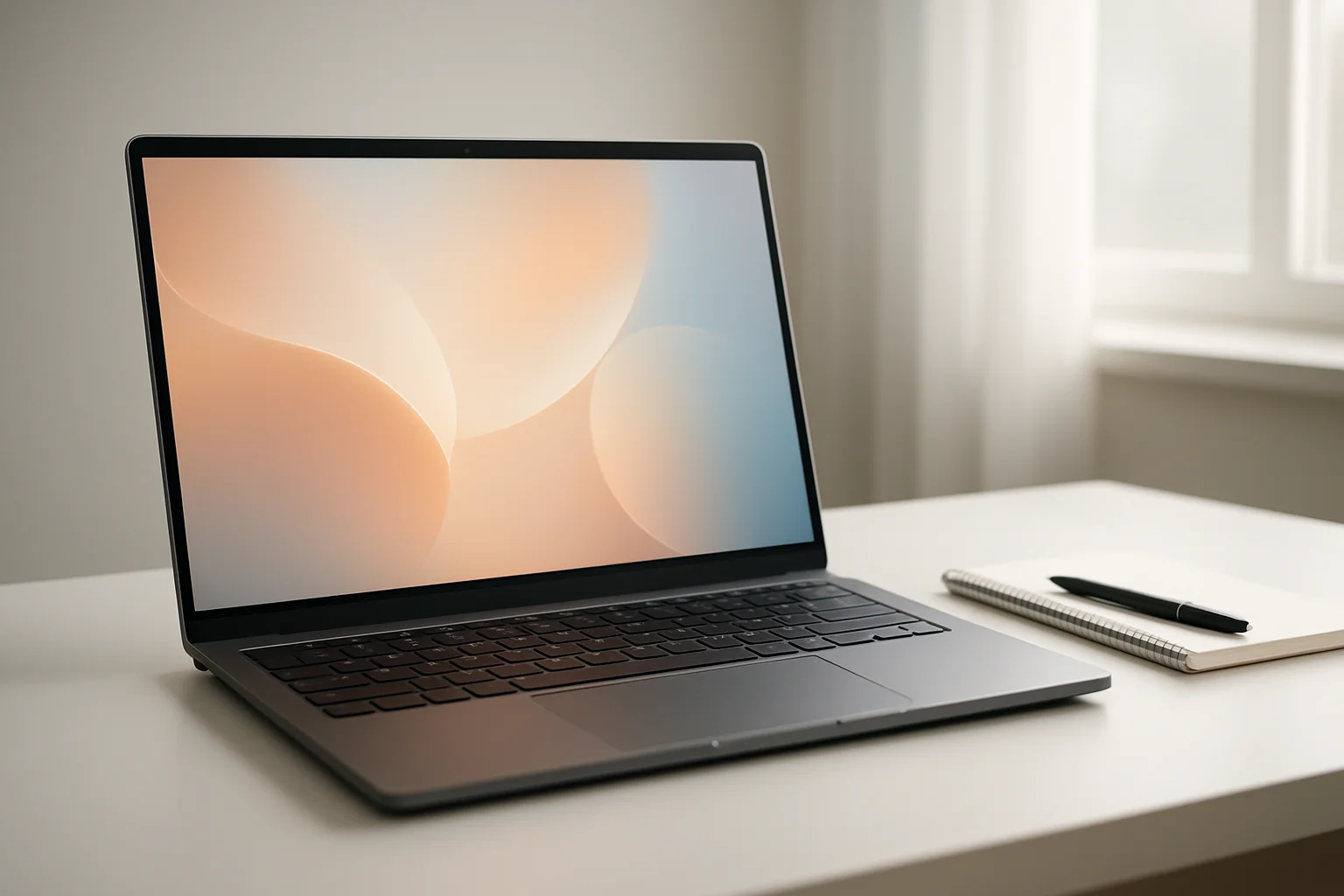 Laptop hiện đại trên bàn trắng với màn hình trừu tượng phát sáng