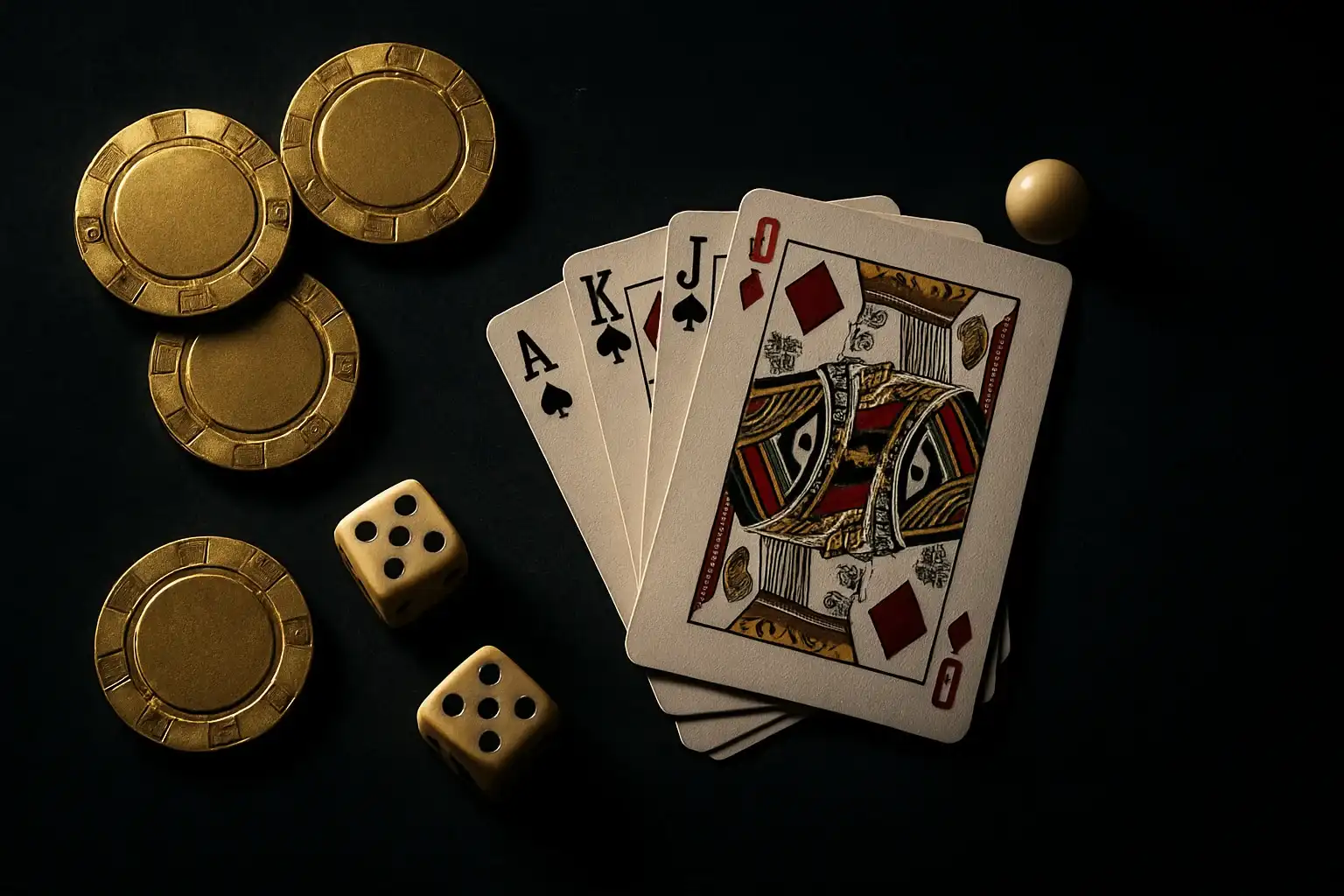 Bề mặt nhung tối với chip vàng, bài, xúc xắc và bi roulette