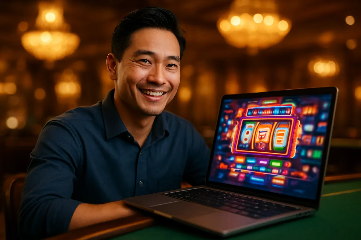 Người đàn ông Việt Nam tươi cười dùng laptop tại sảnh casino sang trọng