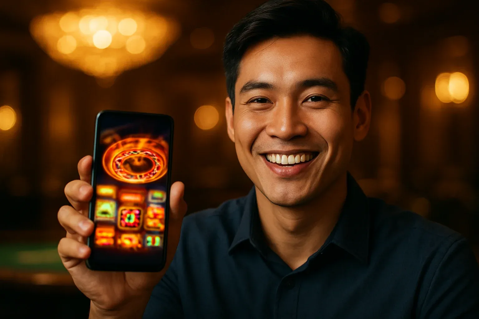 Người đàn ông Việt trẻ cầm điện thoại hiển thị ứng dụng casino mờ